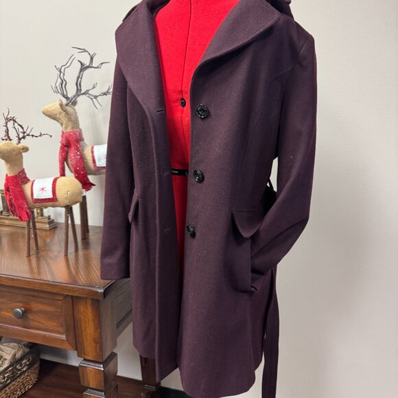 London Fog Wool Coat Burgandy with hood, belt and pockets for women size L - Picture 4 of 15